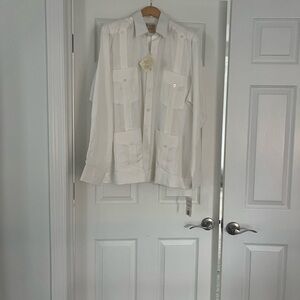 Men's White Linen Guayabera-Style Button-Up Shirt